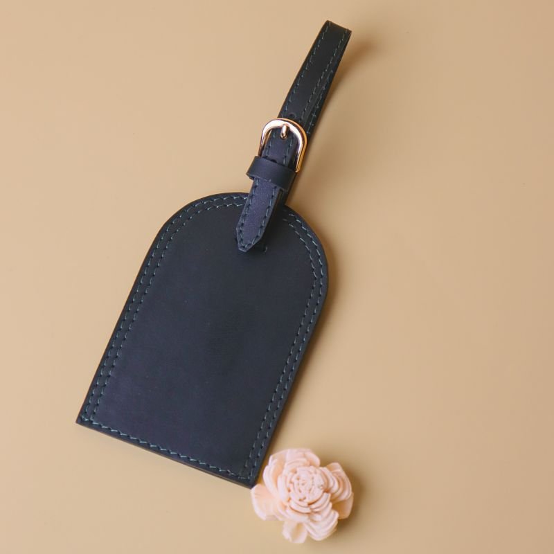 Handmade Luggage Tag-Dark Green - full grain leather-gold finish metal buckle with leather strap-front view-The Bicyclist