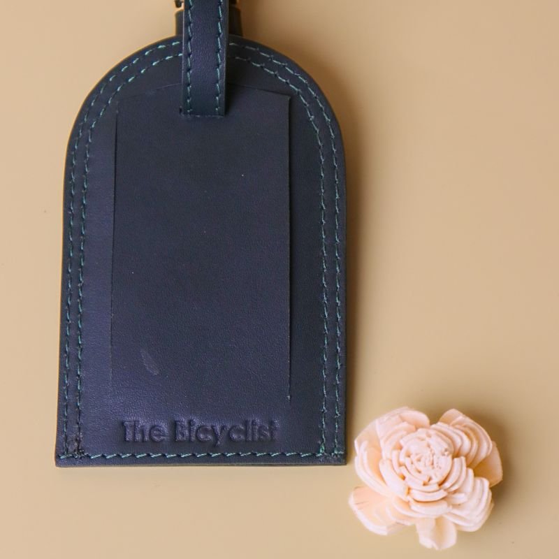 Handmade Luggage Tag-Dark Green - fullgrain leather-gold finish metal buckle with leather strap-back view-The Bicyclist