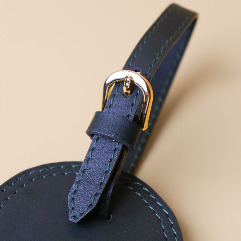 Handmade Luggage Tag-Dark Green - fullgrain leather-gold finish metal buckle with leather strap-detail view-The Bicyclist