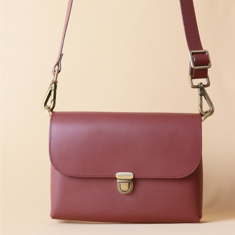 A Classic Crossbody Sling Bag for Women in Maroon Sophie Bicyclist Handmade Leather Goods