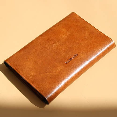 Minimal Handmade A5 Note Book Cover in genuine classic tan leather a perfect birthday and anniversary gift- The Bicyclist