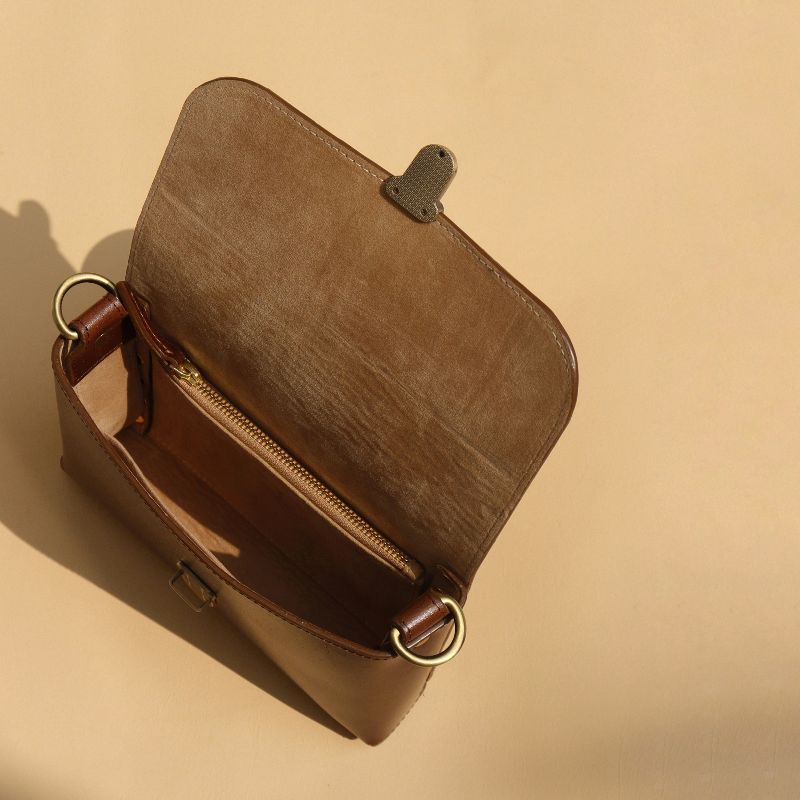 Crossbody Sling Satchel Shoulder Bag for women in Minimal Design handmade with dark brown full grain leather: The Bicyclist