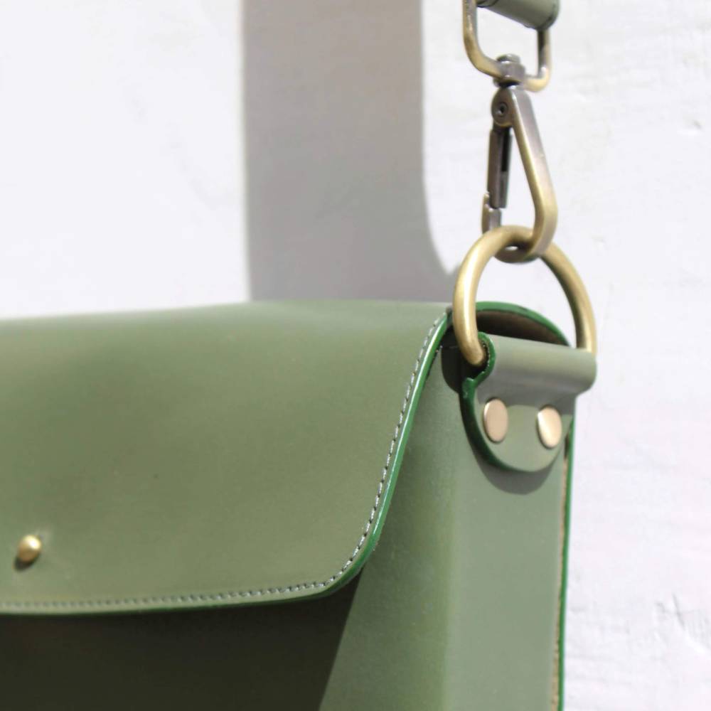 Handmade genuine leather minimalist ladies small single long cross shoulder bag for women in green - the bicyclist