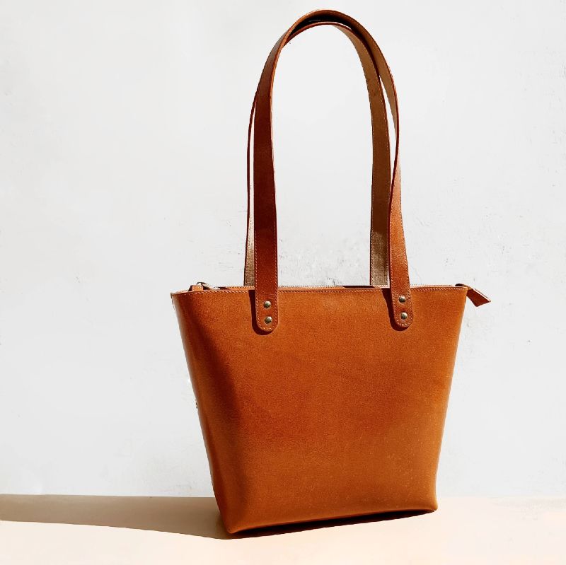 Womens Luxury minimal genuine handmade Tan leather office work tote customized handbag with zipper for ladies - The Bicyclist