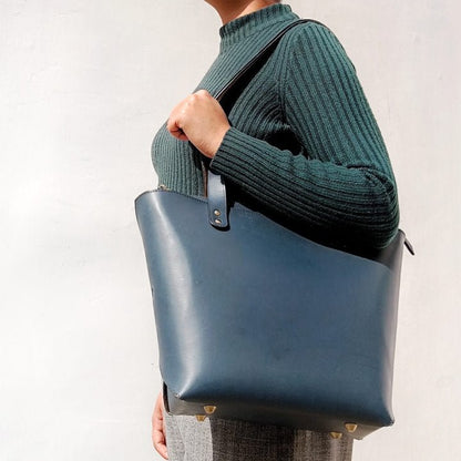 Luxury  genuine handmade Blue leather Womens office work tote customized handbag with zipper for ladies - The Bicyclist